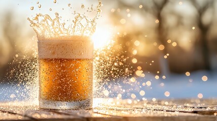 Refreshing beer splash in winter sunset