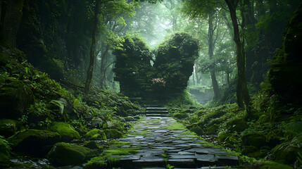Mystical Forest Pathway With Lush Green Vegetation