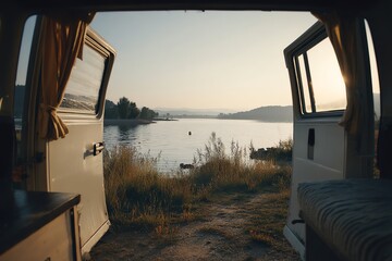 Scenic view from a camper van by the lake.