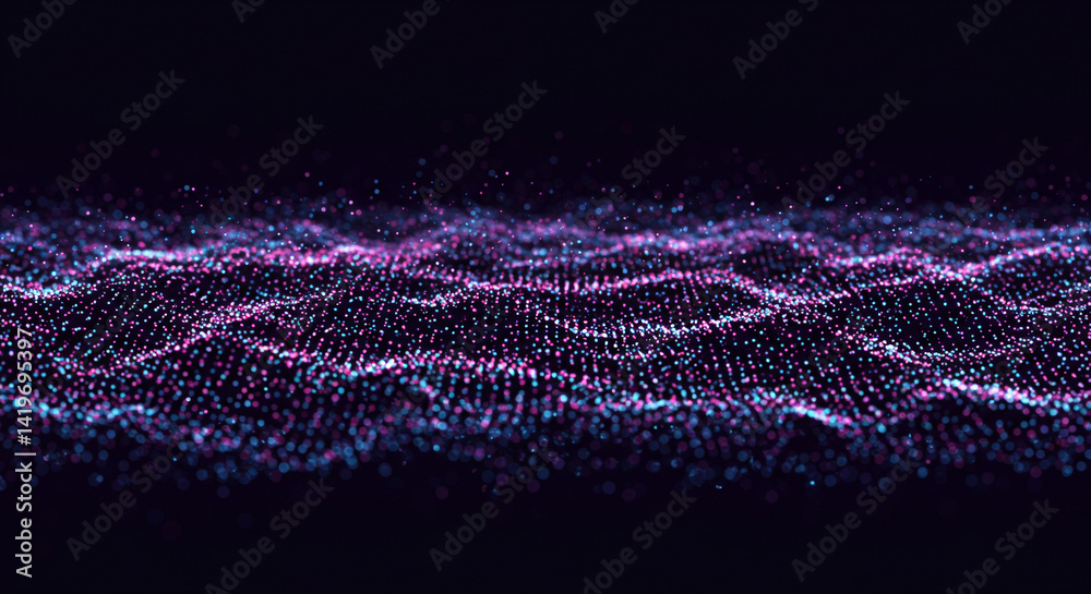 Wall mural abstract purple and blue particle field forming a wave like structure against a dark background