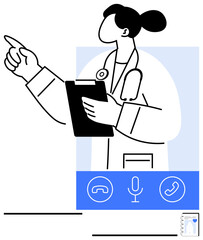 Doctor holding clipboard pointing forward with voice, call, and video call icons. Ideal for telemedicine, consultation, technology, communication, healthcare, virtual assistance flat simple metaphor
