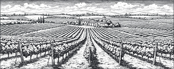 Hand draw vineyard tuscany landscape farm field in monochrome sketch style.