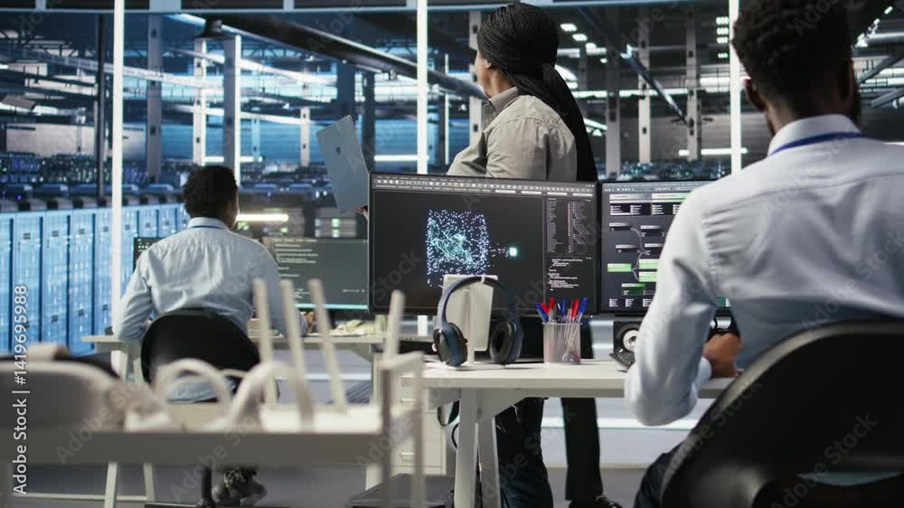 Poster data center admin using laptop to do node tree programming, optimizing resource allocation. woman in