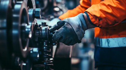 Obraz premium A male offshore oil rig worker tightening bolts on heavy machinery. Featuring precision and focus