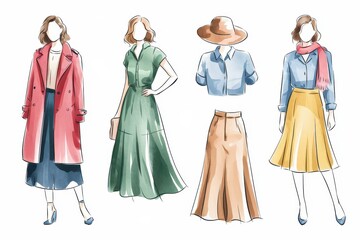 Watercolor fashion illustrations showcasing various women's outfits.