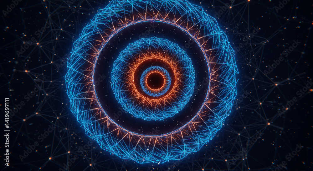 Wall mural abstract circular design with blue and orange lines against a dark background with dots