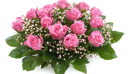A bouquet of pink roses with white flowers