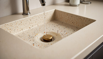 Fototapeta premium Modern interior design architecture photography: Water flows steadily into a speckled terrazzo sink, highlighting its unique texture and modern design.