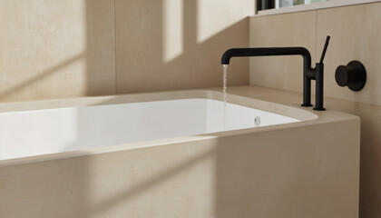 Modern interior design architecture photography: A modern bathroom showcases a sleek, matte black faucet pouring water into a minimalist white bathtub set against a light beige tiled wall.