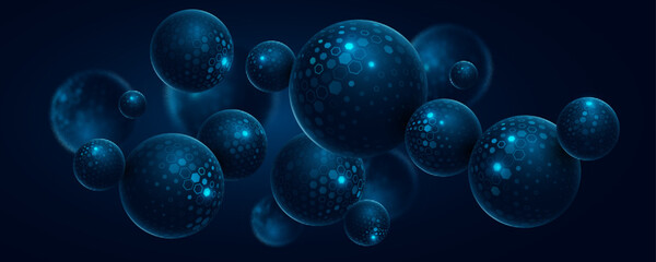 Levitating 3D spheres textured with pattern of glowing cyber tech hexagons. Futuristic background for Business or Science online webinar. Abstract backdrop for presentation. Vector illustration