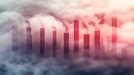 Fototapeta premium Industrial skyline shrouded in thick fog with smoke billowing from factory chimneys at dusk