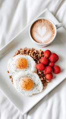 delicious breakfast featuring sunny side up eggs, granola, fresh strawberries, and heart shaped latte, promoting wellness and enjoyment
