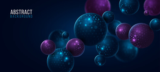 Levitating 3d balls textured with pattern of glowing cyber tech hexagons. Futuristic background for Business or Science online webinar. Abstract backdrop for web presentation. Vector illustration