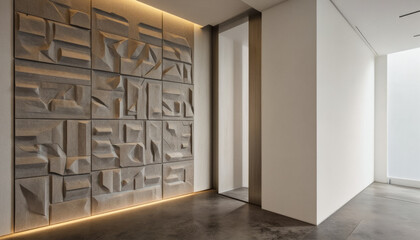 Modern interior design architecture photography: A textured wall panel with geometric relief creates a striking visual focal point in a modern, minimalist interior space.
