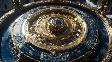 Obraz premium Intricate golden machinery with a futuristic design, showcasing detailed circuits in a high-tech environment