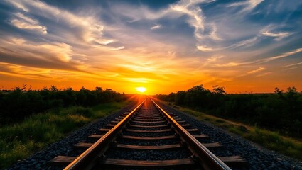 Obraz premium A long steel railroad track stretches through the morning countryside under a vast sky, promising a journey of travel and transport