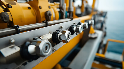 A male offshore worker adjusting the hydraulic system on the rig. Featuring mechanical knowledge and precision