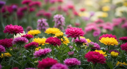 Obraz premium Vibrant Pink Purple Red Yellow Aster Flowers in Garden