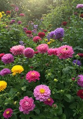 Obraz premium Vibrant Pink Purple Yellow Dahlia Flowers in a Summer Garden