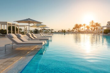 Fototapeta premium Tranquil poolside at sunset with palm trees.