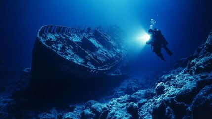 Underwater Diver Exploring a Dark Blue Deep Sea Wreck