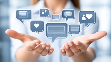 Woman holding a heartshaped speech bubble, symbol of love and affection