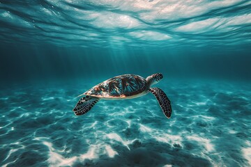 Obraz premium Sea Turtle Swimming Underneath Blue Ocean Water With Sunlight Rays