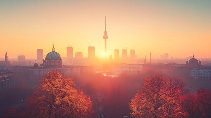 Berlin TV Tower and Reichstag building in silhouette, minimalist skyline layered behind, sunrise casting soft shadows, abstract tree forms in foreground, pastel sky, hd quality, natural look.