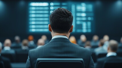 Fototapeta premium Formal pitch event with seated investors, presenter with sleek visuals, and ambient lighting, deal-making scene