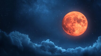 Obraz premium Red Full Moon Night Sky with Stars and Clouds