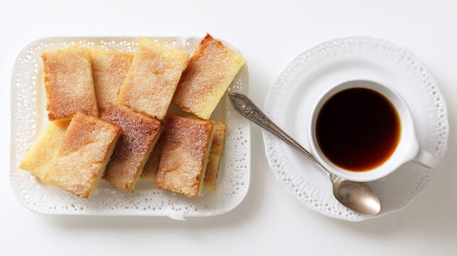 Spain breakfast coca de llanda Valencian sponge cake rectangular slices with sugar topping served with caf con leche on a white porcelain tray top down view on clean white background