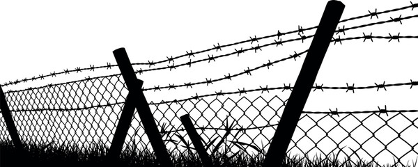 Silhouette of barbed wire and wooden stake on the ground. trench war elements vector background.