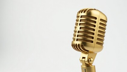 Fototapeta premium Close-up shot of a single gold microphone on white background, simple, vintage