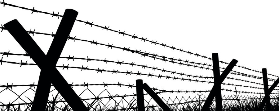 Silhouette of barbed wire and wooden stake on the ground. trench war elements vector background.