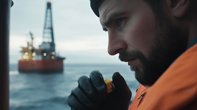 A male offshore worker calibrating seismic sensors on the rig. Featuring precision and technical skill