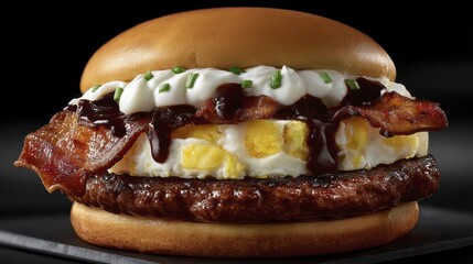 A side view of a hamburger showcasing its height and layered ingredients - layered styling eating side