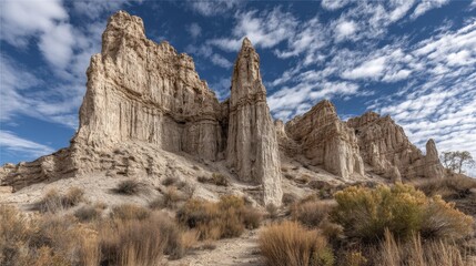 Fototapeta premium Ancient weathered rock formations displaying layers of geological history, dry riverbed - time stone layered geological age