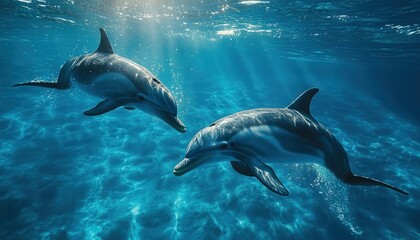 Fototapeta premium Dolphins Leaping and Playing in Clear Blue Waters