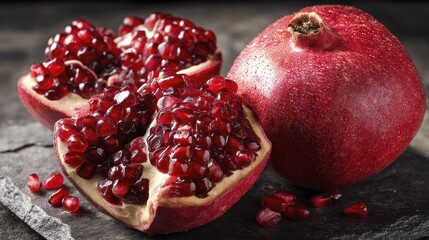 A halved pomegranate, revealing its ruby jewels and glistening arils - vibrant pomegranate vitamin juicy autumn
