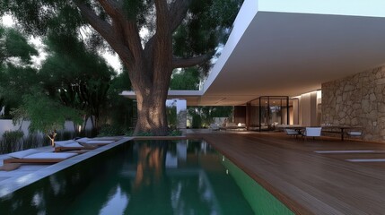 Obraz premium Modern home with pool and outdoor living space. Lush landscaping surrounds the property, featuring a large tree and a contemporary design