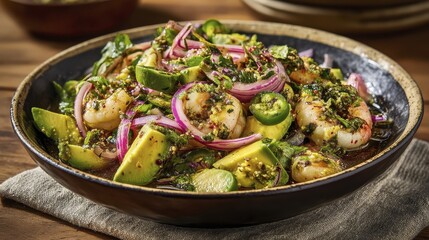 A refreshing seafood salad showcasing a m-1 - shellfish cucumber tomatoes basil food