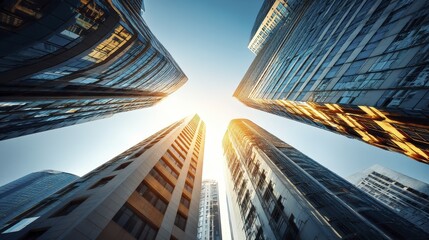 A rising sun over a cityscape, skyscrapers reaching for the sky - hour jungle majestic light future