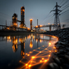 Oil refinery at night reflecting in water with power lines and digital network overlayed on the water