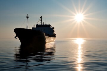 Fototapeta premium Silhouette Of A Ship Floating On Calm Water During A Golden Sunset