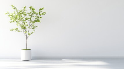 Minimalist indoor plant design.  Bright, clean, and modern space showcasing a small potted tree against a blank white wall