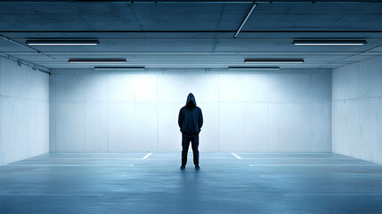 Fototapeta premium Silhouette Of Person In Dark Clothing Inside Empty Garage