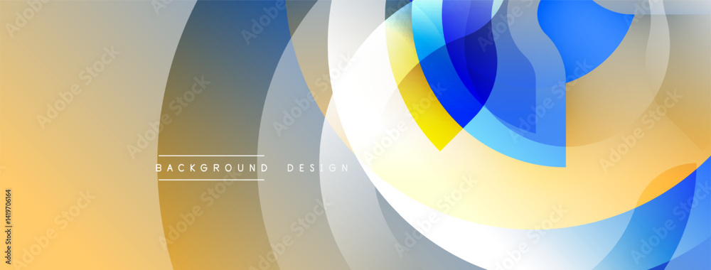 Poster abstract design features overlapping circles, gradients. colors include blue, yellow, beige, gray. m