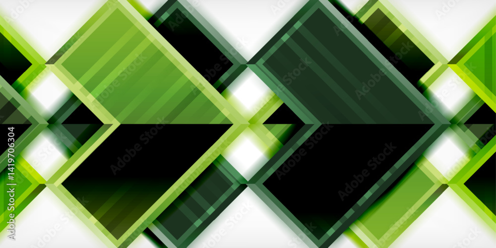 Poster Geometric pattern features overlapping squares, varying green shades, white highlights. Modern design creates dynamic visual texture.
