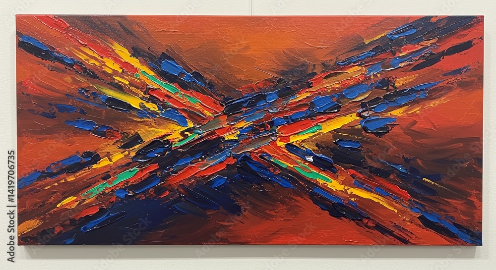 Poster a painting of a colorful cross with a red background