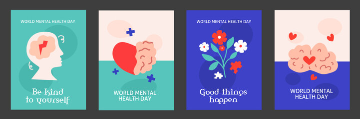 World Mental Health Day Background set. Mental Health care concept. World mental health day awareness. Vector illustration. Poster, Banner, Flyer, Template, Social Media Post. Mental wellness. October
